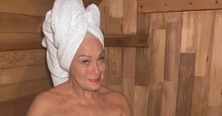 Denise Welch risks flashing as she rips open towel with nothing on in racy clip